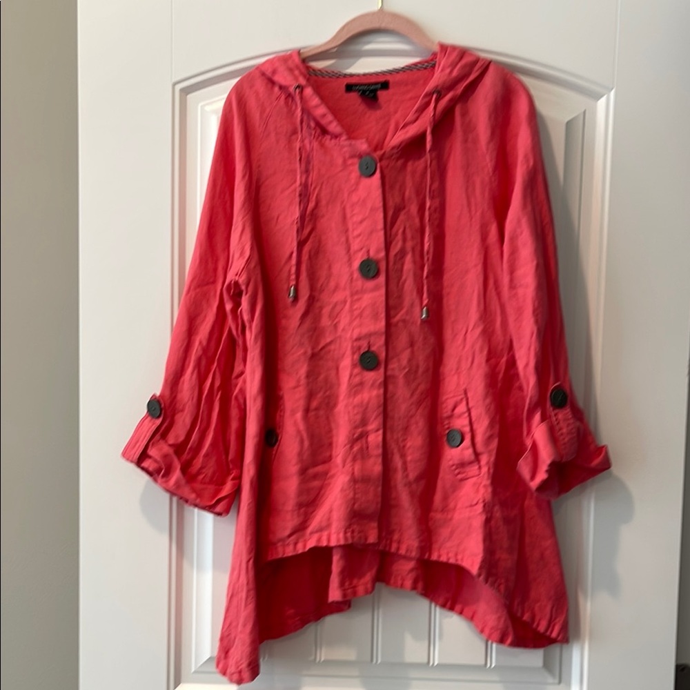 Luciano‎ Dante' Women's Coral Button-Up Hooded Linen Jacket M